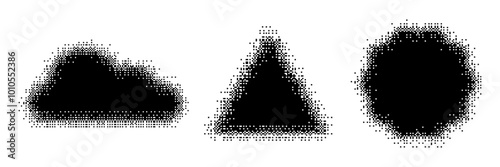 Bitmap geometric shapes set. Distorted pixel Y2k halftone elements. Cloud, triangle, starburst