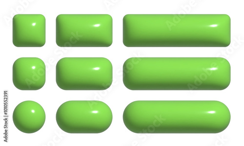 3d buttons collection for UI and UX design template. Realistic green glossy squared and rounded badges