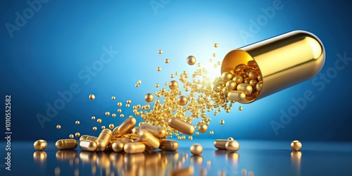 Flying gold pill on blue background with capsules in air, depth of field photo