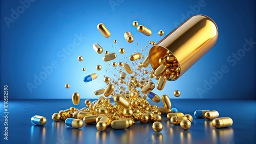 Flying gold pill over blue background with capsules in air, antidepressant and vitamin themed photo