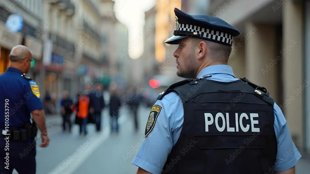 Police Officer on Patrol in City Street Police Officer on Patrol in City Street