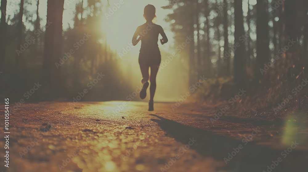 Silhouette of Woman Running Towards the Sunrise in the Forest Silhouette of Woman Running Towards the Sunrise in the Forest