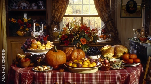 Rustic Thanksgiving table setting with a pumpkin centerpiece, decorated in warm autumn colors and natural elements, capturing the essence of seasonal warmth and celebration