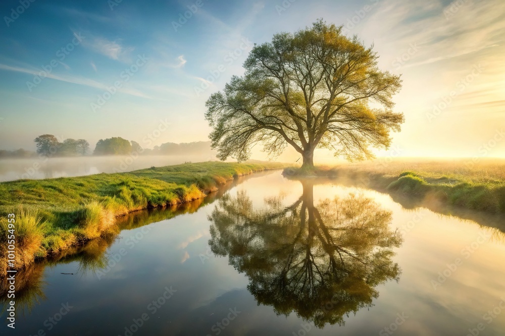 Foggy countryside morning tree by riverbank Foggy countryside morning tree by riverbank