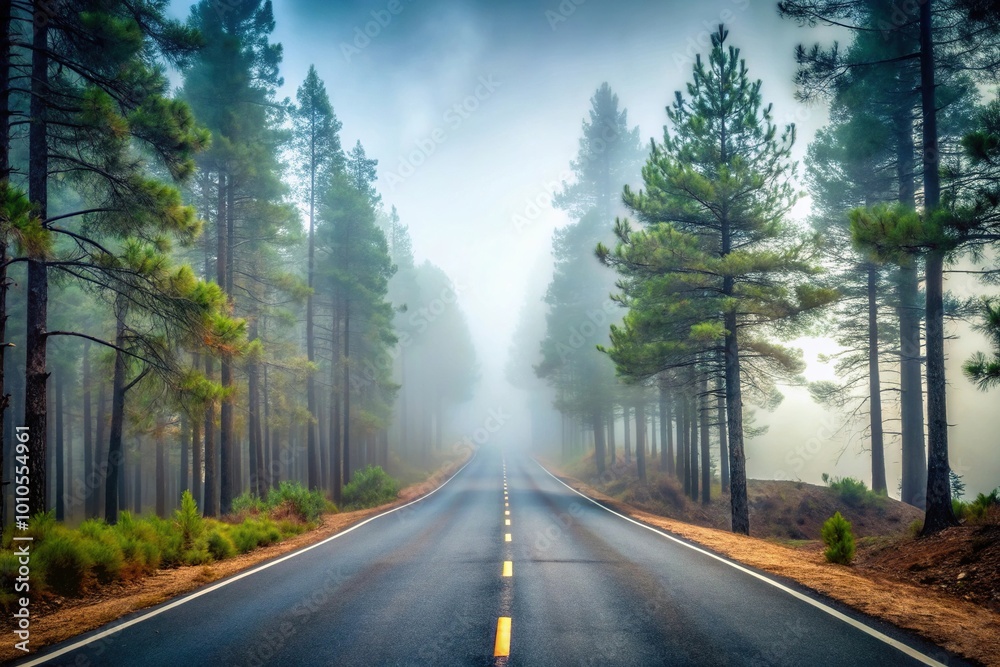 Fototapeta premium Foggy deserted road surrounded by pine trees, resembling a movie scene