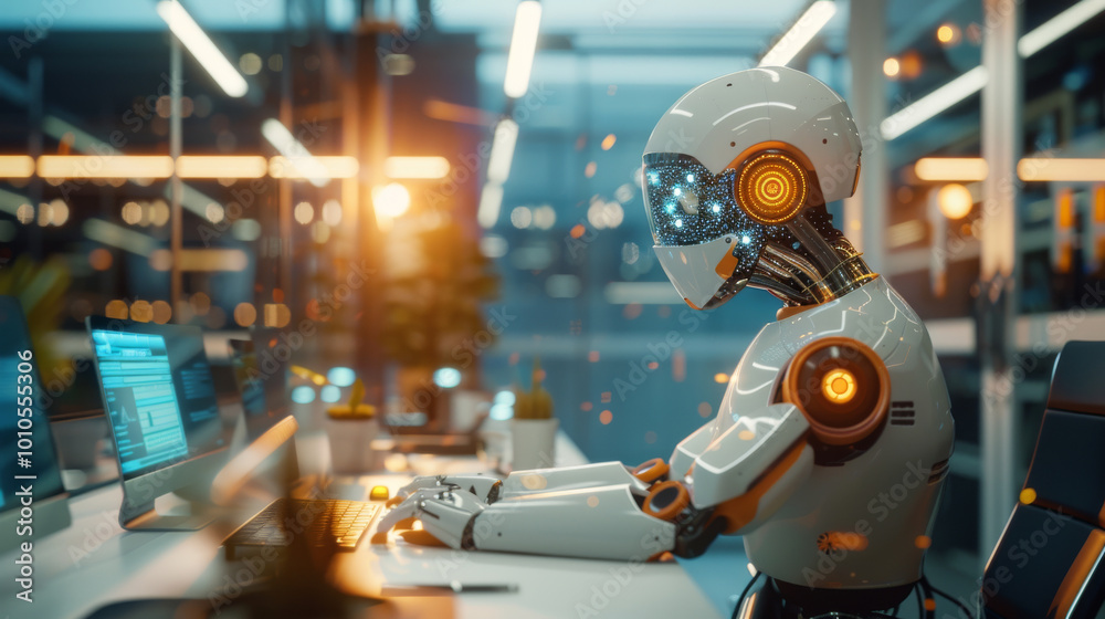 A futuristic robot working diligently at modern desk, surrounded by advanced technology and glowing screens, embodies innovation and efficiency in sleek office environment A futuristic robot working diligently at modern desk, surrounded by advanced technology and glowing screens, embodies innovation and efficiency in sleek office environment
