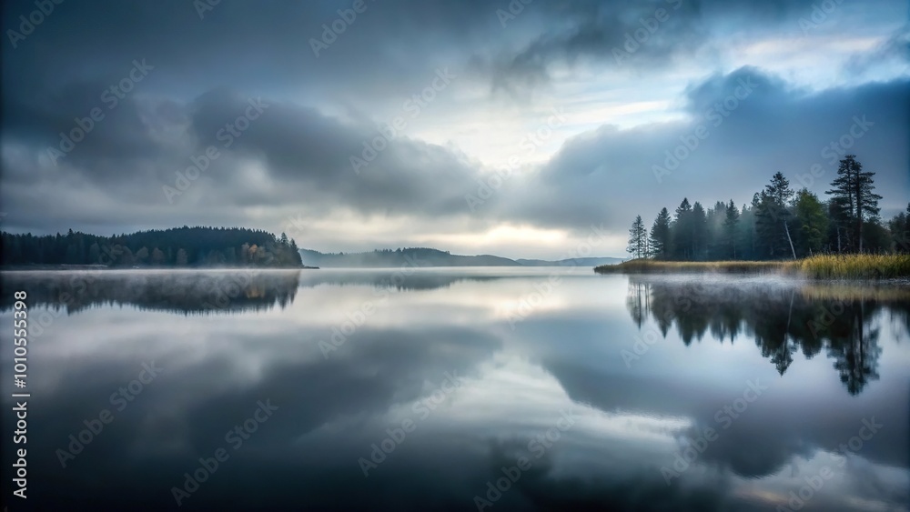 Foggy lake with overcast sky and dark scenery at morning Foggy lake with overcast sky and dark scenery at morning