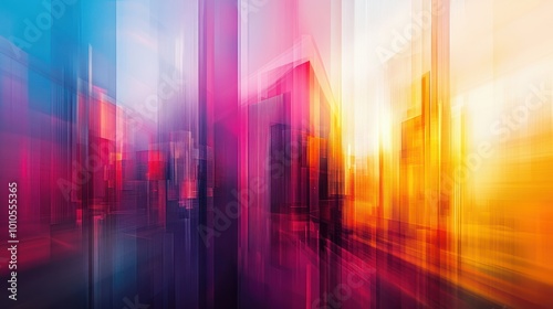 Vibrant abstract technology background with blurred cityscape and geometric shapes for design