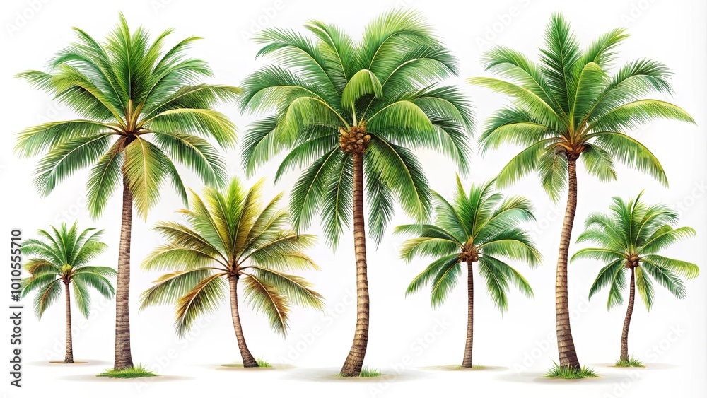 A Collection of Lush Palm Trees with Vibrant Green Foliage and Brown Trunks, Isolated on a White Background A Collection of Lush Palm Trees with Vibrant Green Foliage and Brown Trunks, Isolated on a White Background
