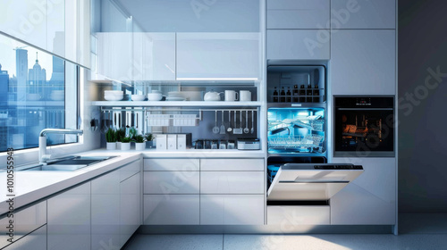 Modern kitchen design features sleek cabinetry, an open layout, and stylish refrigerator. bright space is enhanced by natural light, creating welcoming atmosphere