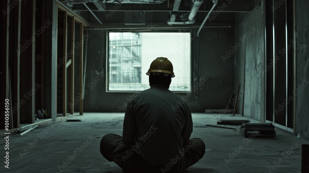 Construction Worker Sitting in an Unfinished Building Construction Worker Sitting in an Unfinished Building
