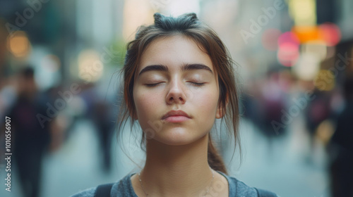 A young woman with closed eyes stands peacefully in busy urban street, embodying tranquility amidst hustle and bustle of city life