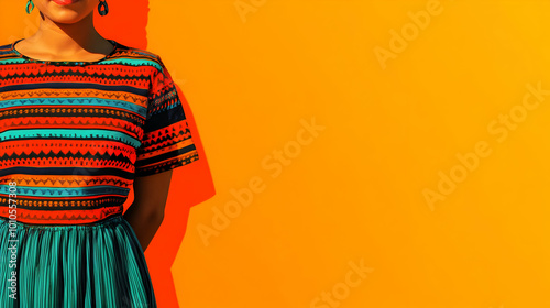 Woman Wearing Striped Dress with Geometric Pattern Against Orange Background