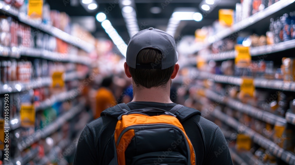 A person stands in a grocery store aisle, gazing at products on the shelves while carrying a backpack, This image can be used for marketing, shopping-related articles, or lifestyle content, A person stands in a grocery store aisle, gazing at products on the shelves while carrying a backpack, This image can be used for marketing, shopping-related articles, or lifestyle content,