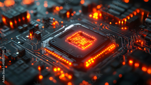 Red Lighted Circuit Board - 3D Illustration