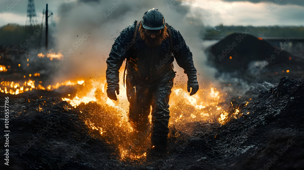 Man Walks Through Fire and Smoke, Courageous Survivor Man Walks Through Fire and Smoke, Courageous Survivor