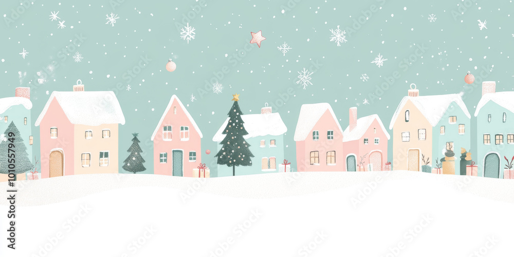 A charming winter scene featuring pastel colored houses adorned with snow, surrounded by festive decorations and Christmas tree. serene atmosphere evokes sense of holiday joy and warmth A charming winter scene featuring pastel colored houses adorned with snow, surrounded by festive decorations and Christmas tree. serene atmosphere evokes sense of holiday joy and warmth