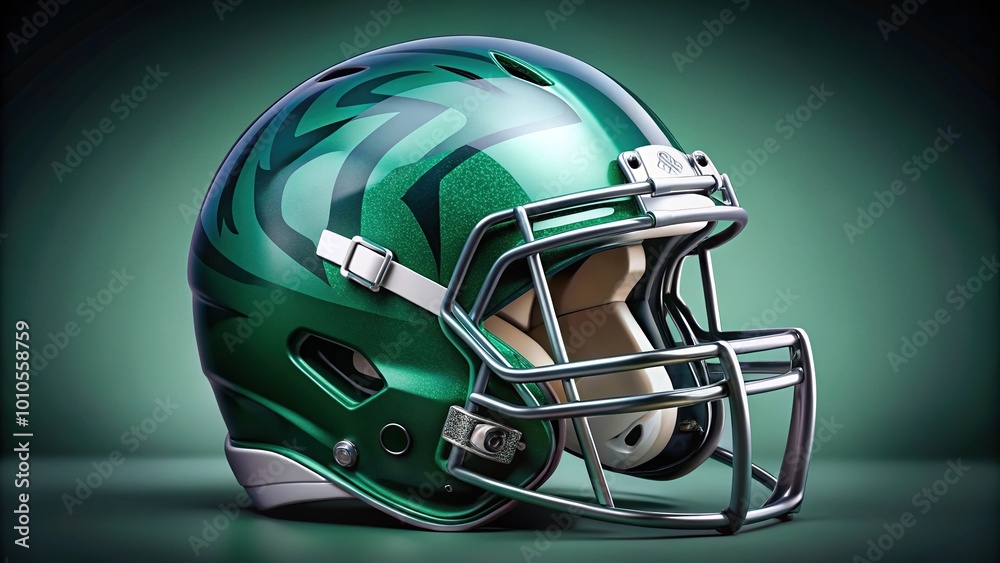 Fototapeta premium Football helmet with tiger emblem in matte blue and green colors, asymmetrical design