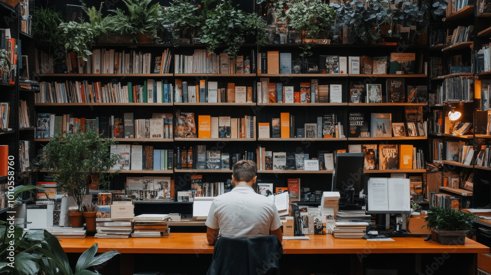 A person is focused on reading in cozy library filled with books and greenery. warm atmosphere invites exploration and learning A person is focused on reading in cozy library filled with books and greenery. warm atmosphere invites exploration and learning