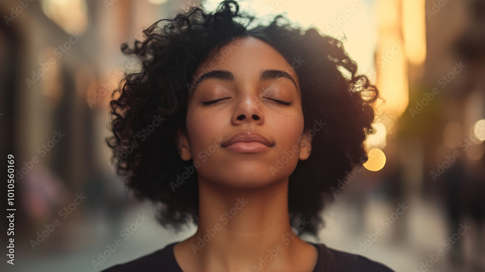 A serene woman with curly hair enjoys moment of peace, eyes closed, in softly lit urban setting. warm glow of sunset enhances tranquil atmosphere A serene woman with curly hair enjoys moment of peace, eyes closed, in softly lit urban setting. warm glow of sunset enhances tranquil atmosphere