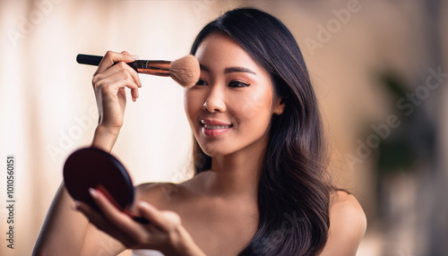 Portrait of a beautiful woman applying powder using a make-up brush, hyperrealistic image