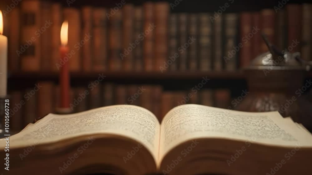Open Book with Candles and Bookshelf in Background Open Book with Candles and Bookshelf in Background