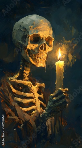 Skeleton with candle, otherworldly realism, hyper-realistic oil, warm amber tones, surrounded by ritualistic masks, wizardcore theme photo