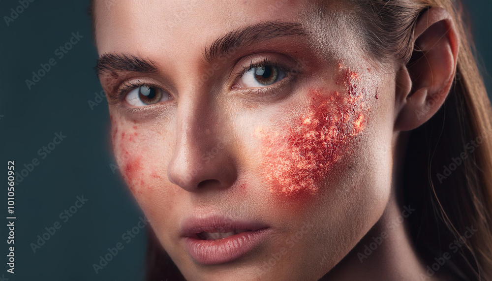 Obraz premium A woman with rosacea on her face in a closeup shot, concept of skin conditions