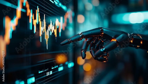 Close-up of a robotic hand pointing at financial charts, futuristic AI analyzing stock trends, advanced finance technology concept