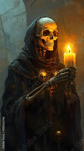 Ethereal Skeleton with Candle, a hyper-realistic oil depiction featuring ritualistic masks, embodying wizardcore aesthetics, light amber tones photo