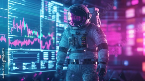 Futuristic astronaut studies dynamic stock market data photo