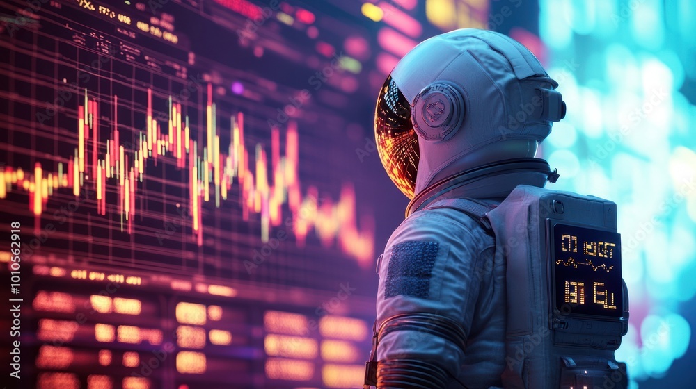 Astronaut monitors red graphs in futuristic setting