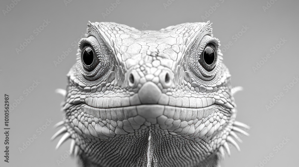 Close-up of a lizard's head in black and white. Close-up of a lizard's head in black and white.