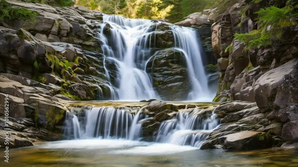 Waterfall Cascading Through Rocky Terrain Waterfall Cascading Through Rocky Terrain
