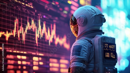 Obraz na płótnie Astronaut monitors red graphs in futuristic setting w salonie