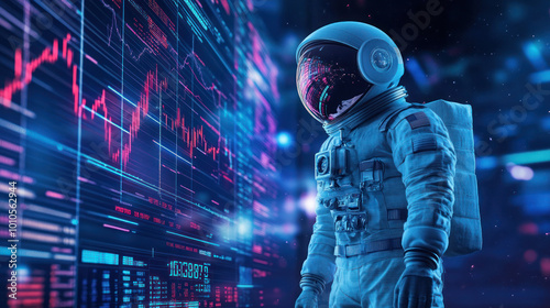Trader astronaut with data-filled visor in space