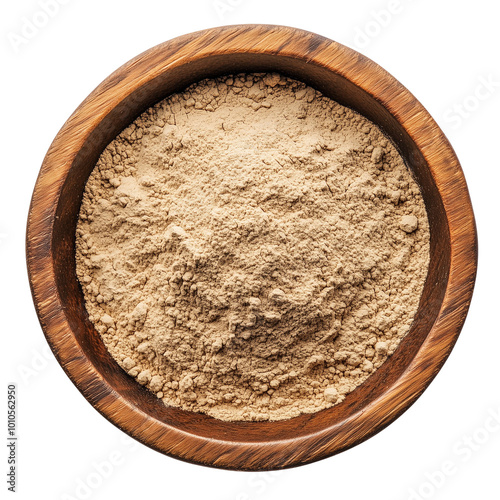 Top View of Beige Powder in Wooden Bowl on Transparent Background