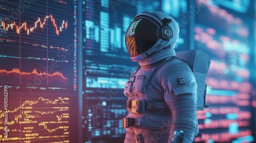 Technological astronaut with stock data on display