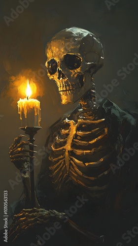 Eerie Skeleton with Candle, showcasing an otherworldly scene, illuminated by light amber tones, surrounded by ritualistic masks, wizardcore elements photo