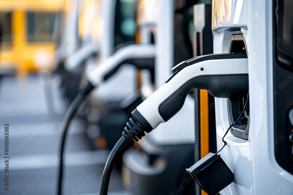 Fleet of electric vans charging, ready for eco-friendly logistics, showcasing innovation in sustainable transportation Fleet of electric vans charging, ready for eco-friendly logistics, showcasing innovation in sustainable transportation
