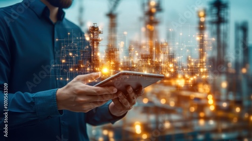 Close-up of a civil engineer hands holding a tablet, merged with an aerial view of a construction site through double exposure. The high-definition image is realistic, with copy space framing the photo