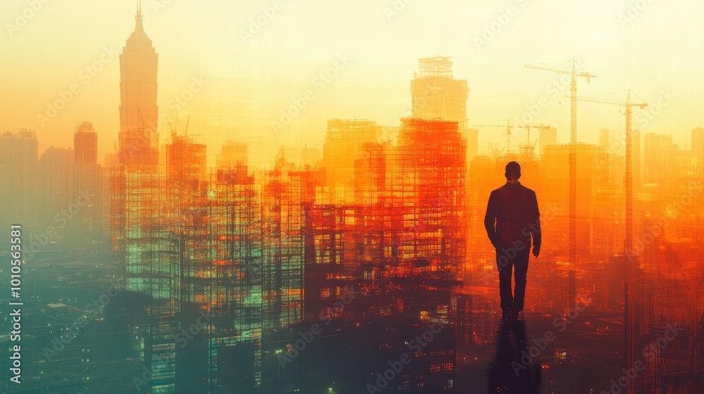 A civil engineer walking on a site, overlaid with a city skyline and infrastructure projects through a double exposure effect. The photo captures both elements with high-definition detail, leaving A civil engineer walking on a site, overlaid with a city skyline and infrastructure projects through a double exposure effect. The photo captures both elements with high-definition detail, leaving