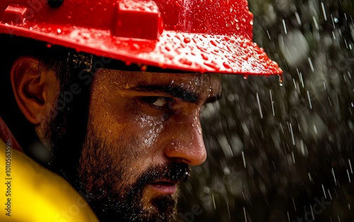 Focused rescue worker with water droplets on face, red helmet glistening in the rain, determination during emergency response photo