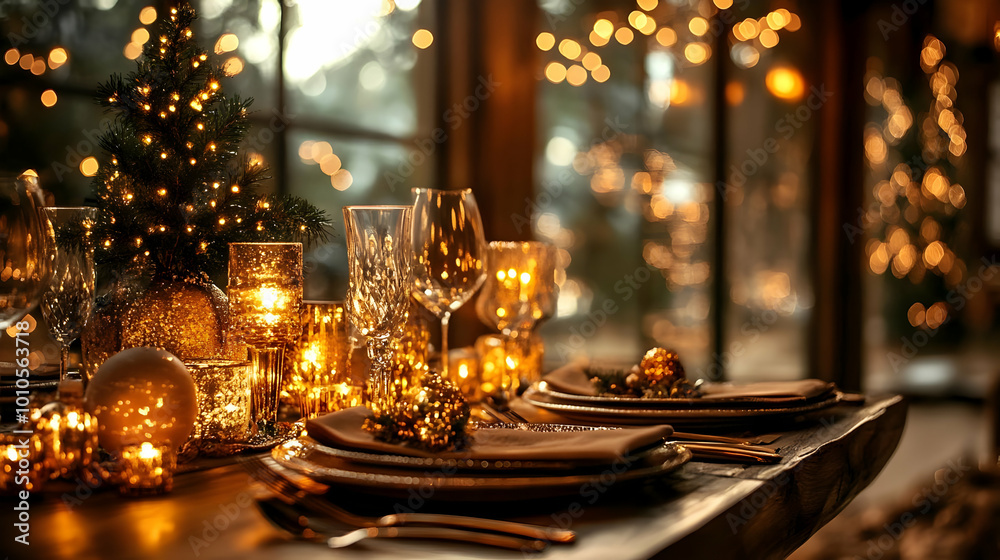 Holiday Table Setting with Candles and Christmas Tree Holiday Table Setting with Candles and Christmas Tree