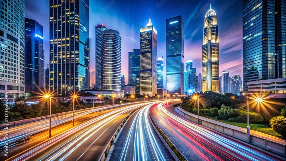 A symphony of light and movement as cars navigate a bustling urban landscape, illuminated skyscrapers standing tall against the twilight sky, a captivating display of modern city life. A symphony of light and movement as cars navigate a bustling urban landscape, illuminated skyscrapers standing tall against the twilight sky, a captivating display of modern city life.