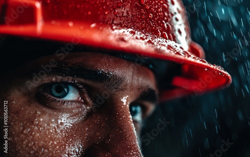 Focused rescue worker with water droplets on face, red helmet glistening in the rain, determination during emergency response photo