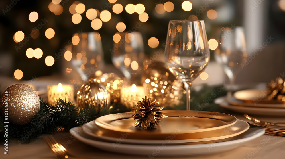 Elegant Gold Christmas Table Setting with Pine Cone Elegant Gold Christmas Table Setting with Pine Cone