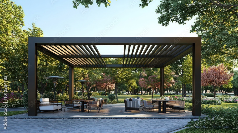 Outdoor setting under a pergola with adjustable louvers, designed for climate adaptability. Outdoor setting under a pergola with adjustable louvers, designed for climate adaptability.