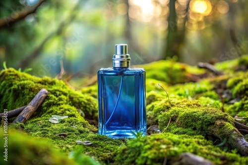 Forced perspective blue perfume bottle on mossy ground in nature