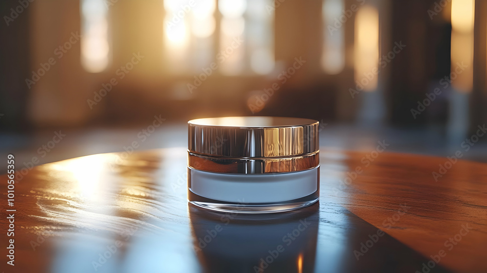 Glass Jar with Golden Lid on Wooden Table 3D Illustration